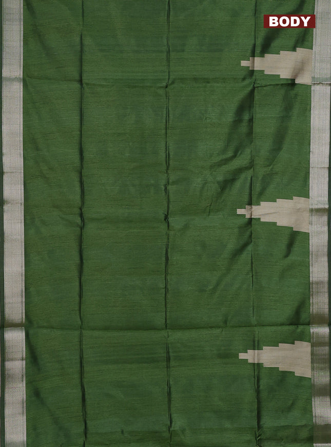 Semi dupion saree sap green and beige with plain body and madhubani printed pallu