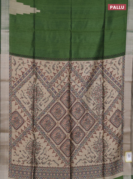 Semi dupion saree sap green and beige with plain body and madhubani printed pallu