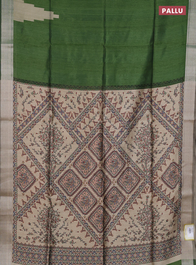 Semi dupion saree sap green and beige with plain body and madhubani printed pallu