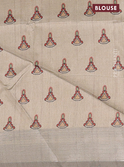 Semi dupion saree sap green and beige with plain body and madhubani printed pallu