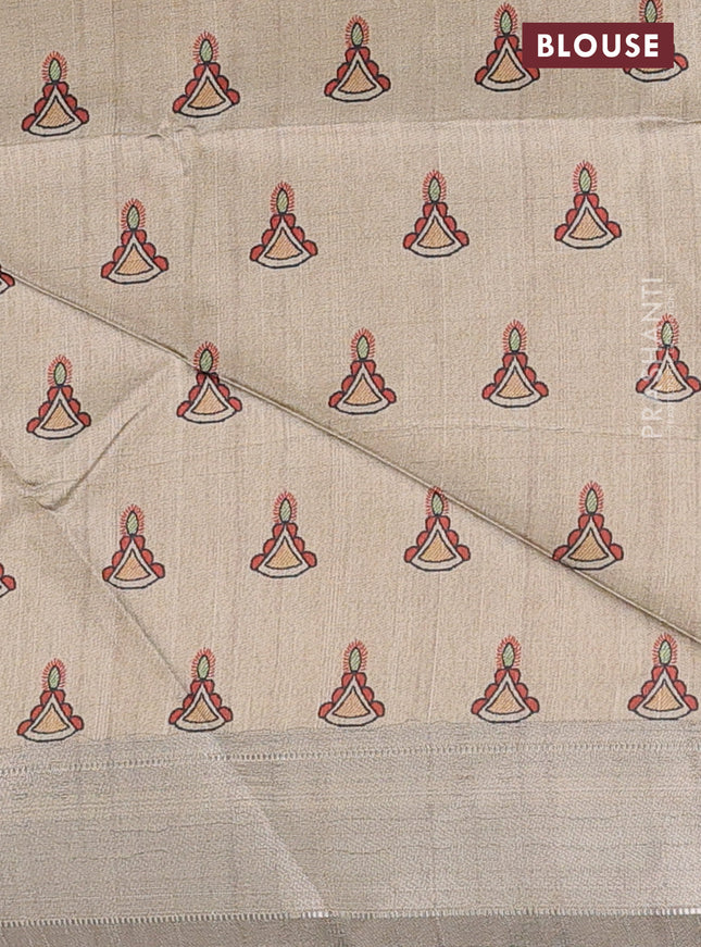 Semi dupion saree sap green and beige with plain body and madhubani printed pallu