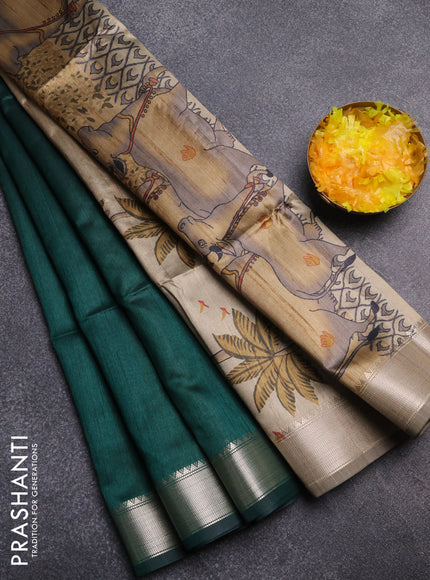 Semi dupion saree green and beige with plain body and floral printed pallu