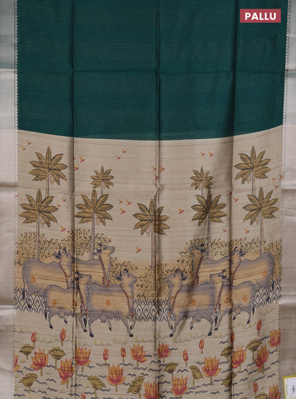 Semi dupion saree green and beige with plain body and floral printed pallu