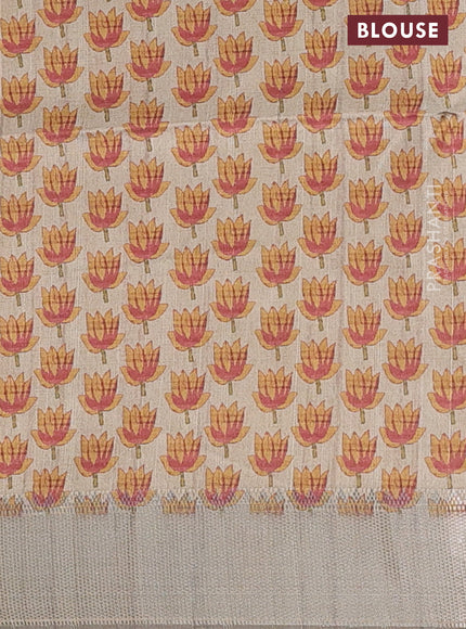 Semi dupion saree green and beige with plain body and floral printed pallu