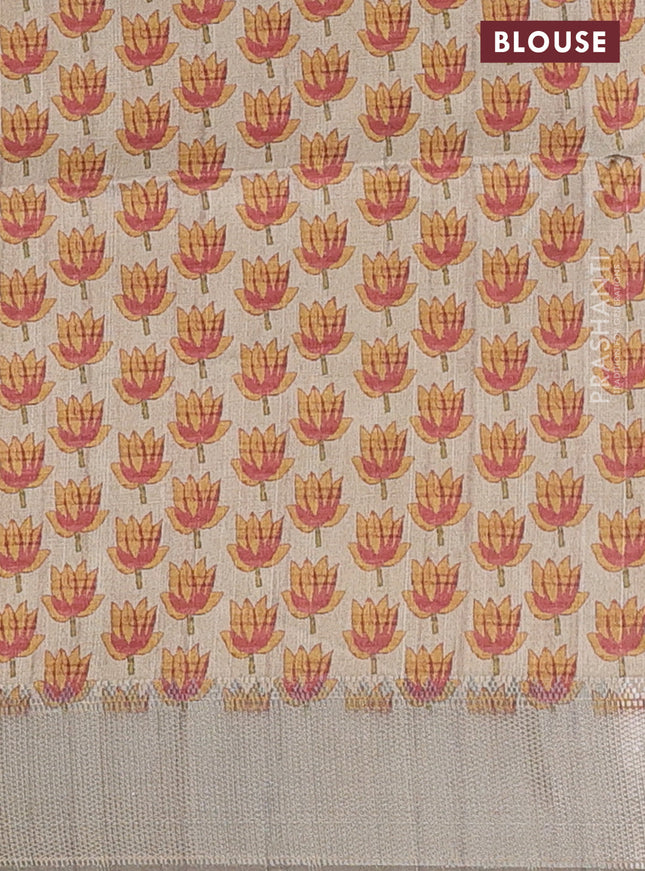 Semi dupion saree green and beige with plain body and floral printed pallu