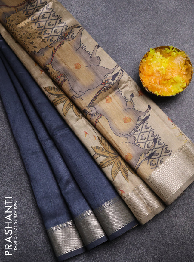 Semi dupion saree grey and beige with plain body and floral printed pallu