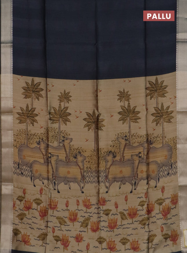 Semi dupion saree grey and beige with plain body and floral printed pallu