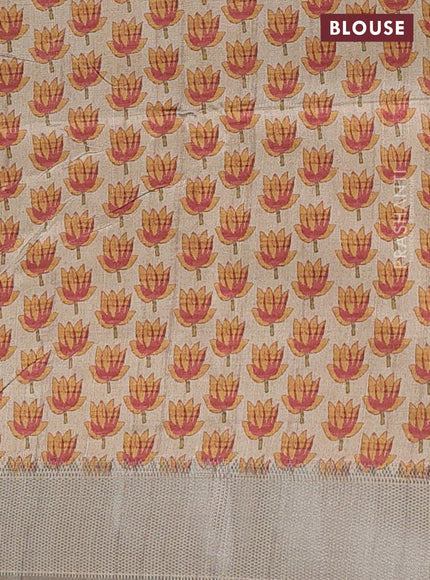 Semi dupion saree grey and beige with plain body and floral printed pallu