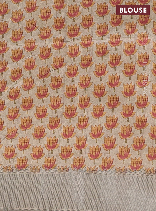 Semi dupion saree grey and beige with plain body and floral printed pallu