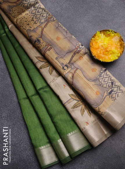 Semi dupion saree green and beige with plain body and floral printed pallu