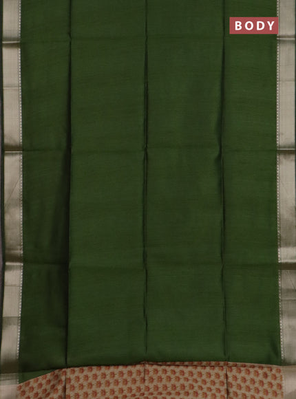 Semi dupion saree green and beige with plain body and floral printed pallu