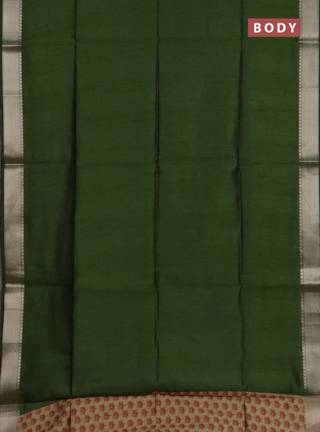 Semi dupion saree green and beige with plain body and floral printed pallu