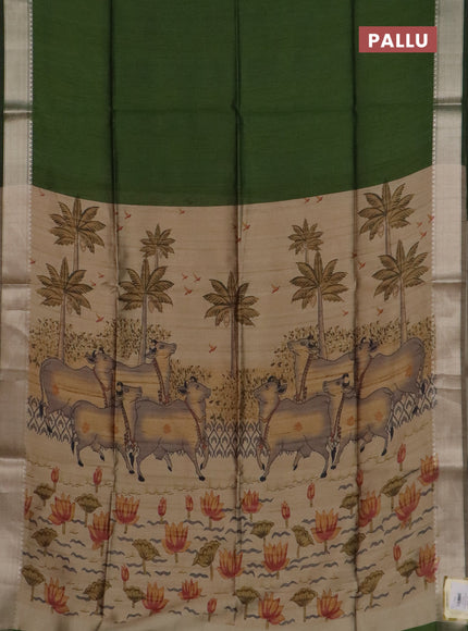 Semi dupion saree green and beige with plain body and floral printed pallu