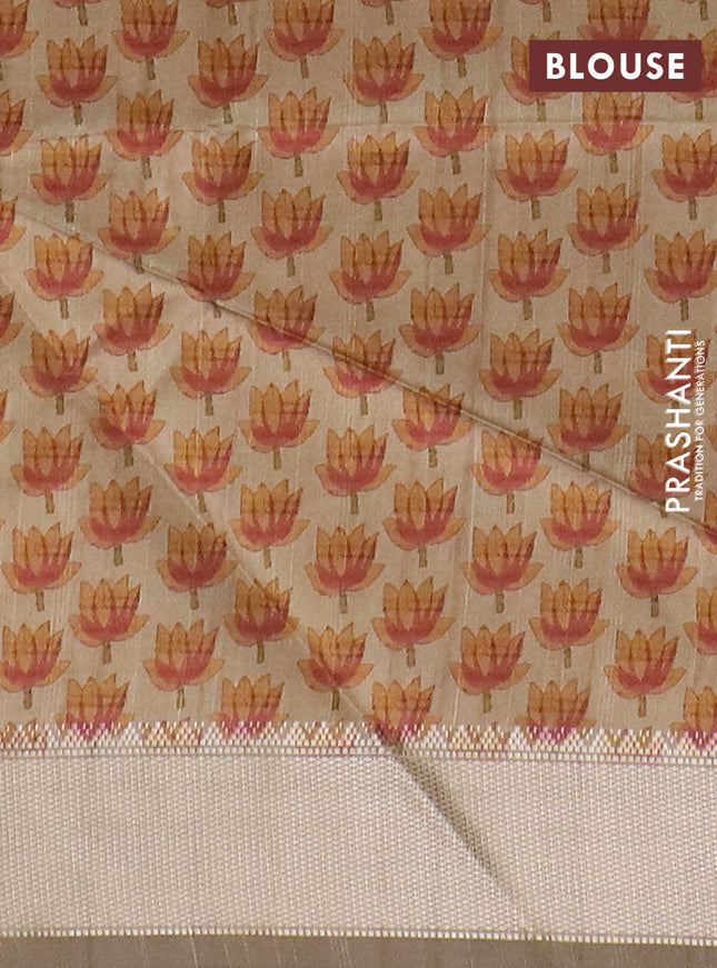 Semi dupion saree green and beige with plain body and floral printed pallu