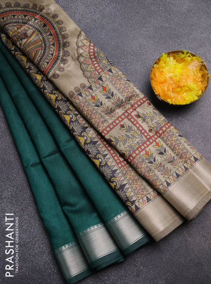 Semi dupion saree green and beige with plain body and madhubani printed pallu