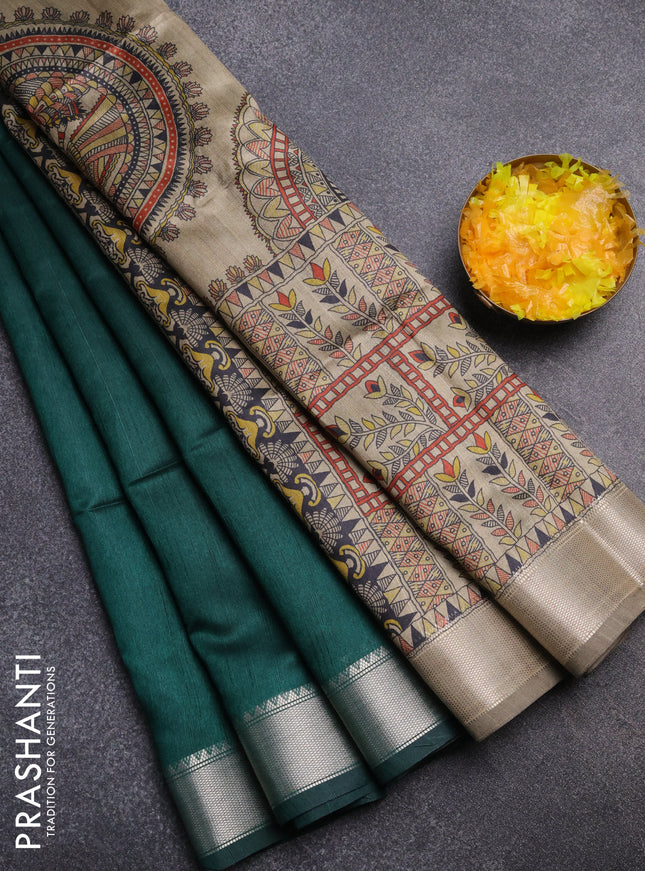 Semi dupion saree green and beige with plain body and madhubani printed pallu