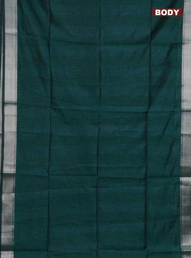 Semi dupion saree green and beige with plain body and madhubani printed pallu