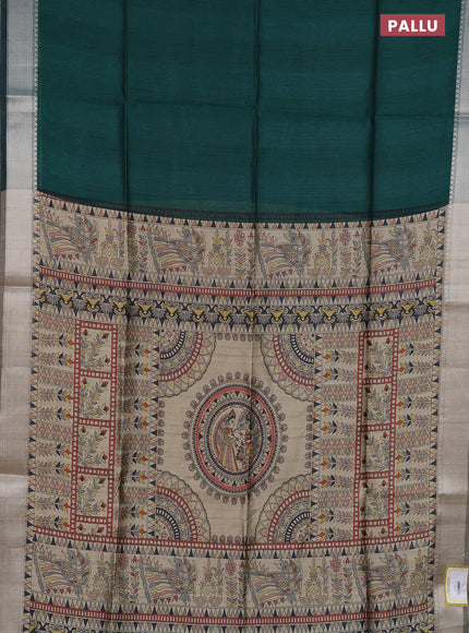 Semi dupion saree green and beige with plain body and madhubani printed pallu