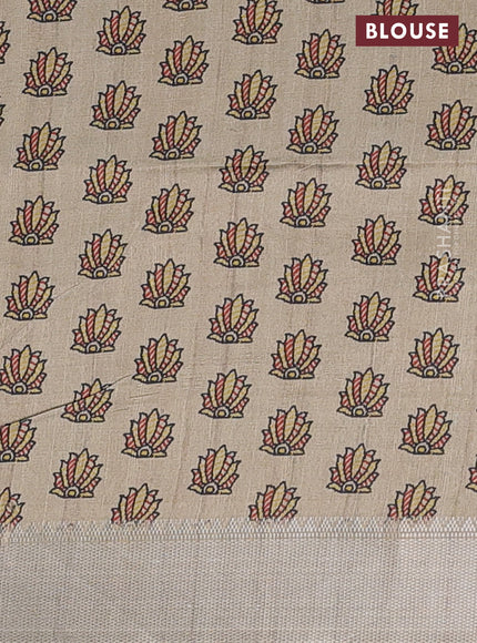 Semi dupion saree green and beige with plain body and madhubani printed pallu