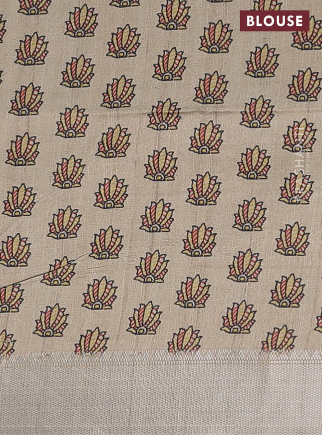 Semi dupion saree green and beige with plain body and madhubani printed pallu