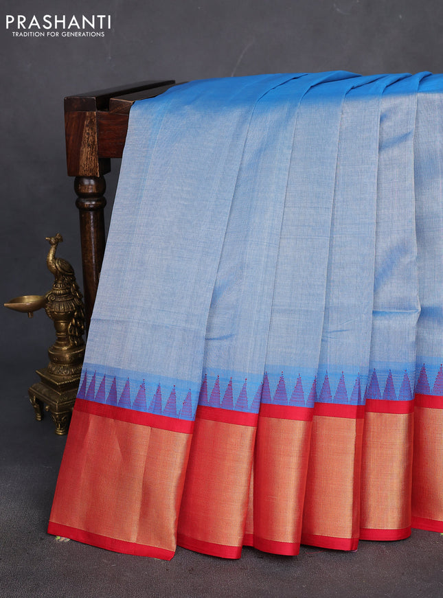 Kuppadam silk cotton saree blue shade and red with plain body and temple design zari woven border