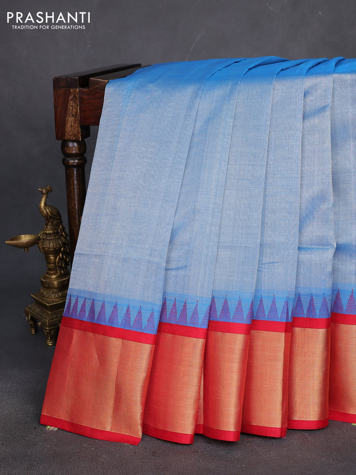Kuppadam silk cotton saree blue shade and red with plain body and temple design zari woven border