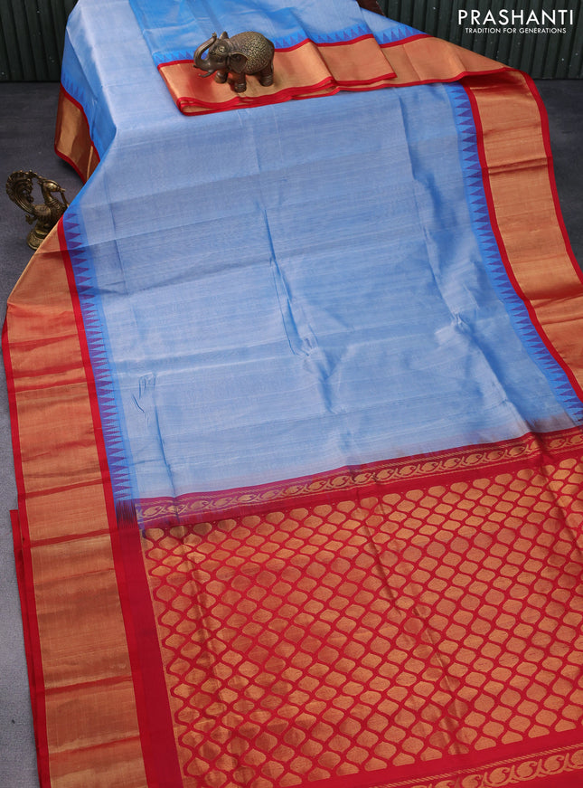 Kuppadam silk cotton saree blue shade and red with plain body and temple design zari woven border