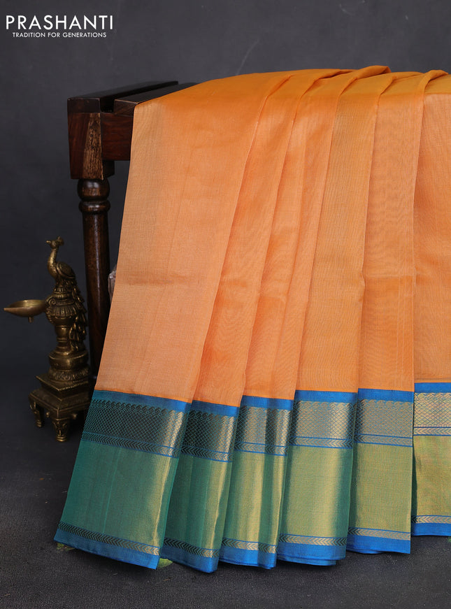 Kuppadam silk cotton saree pale orange and cs blue with plain body and rich zari woven border
