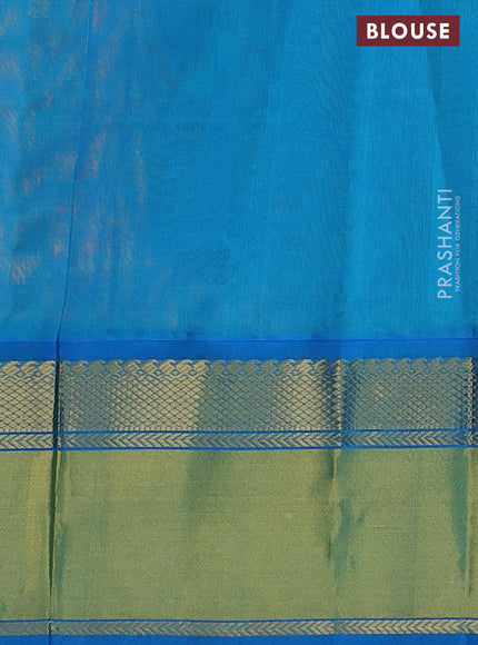 Kuppadam silk cotton saree pale orange and cs blue with plain body and rich zari woven border