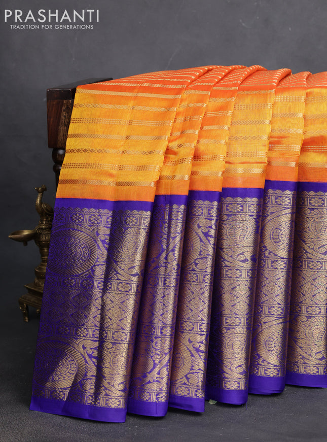 Kuppadam silk cotton saree mango yellow and blue with allover zari woven veldhari pattern and long zari woven border