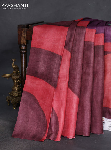 Pure tussar silk saree wine shade and multi colour with hand painted prints in borderless style