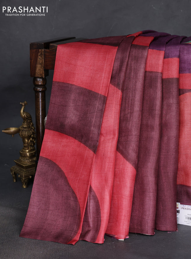 Pure tussar silk saree wine shade and multi colour with hand painted prints in borderless style