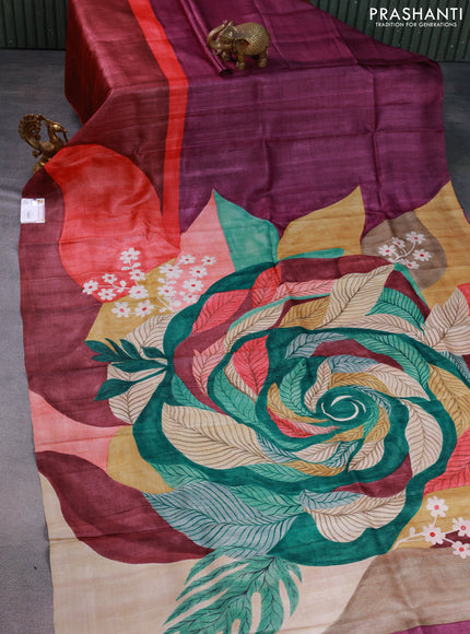 Pure tussar silk saree wine shade and multi colour with hand painted prints in borderless style