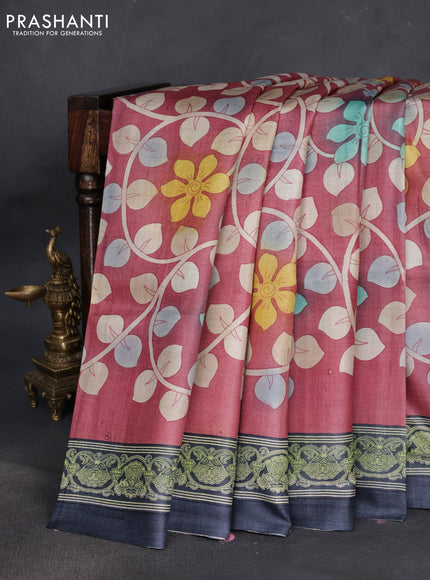 Pure tussar silk saree maroon shade and elephant grey with kalamkari hand painted prints and printed border