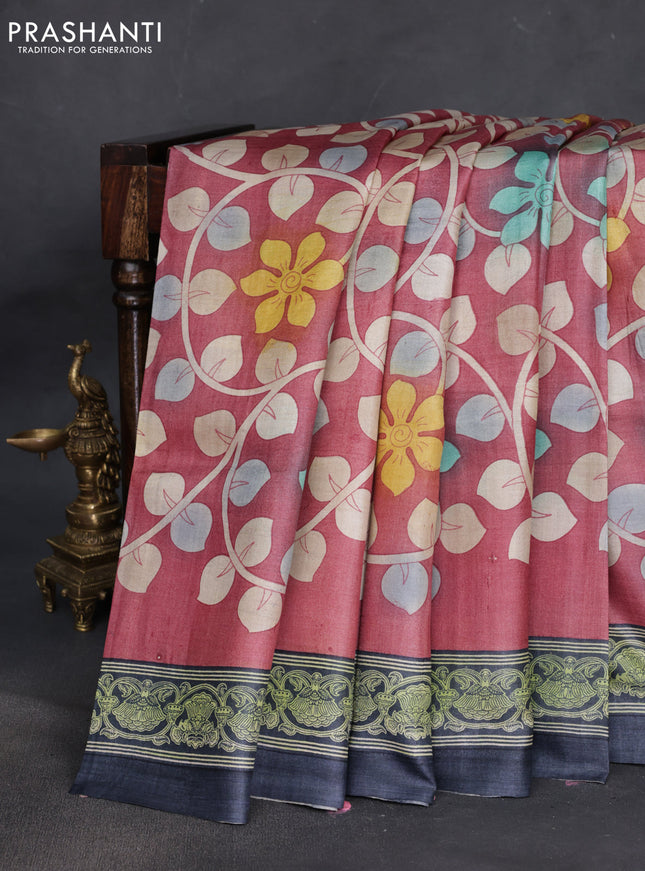 Pure tussar silk saree maroon shade and elephant grey with kalamkari hand painted prints and printed border