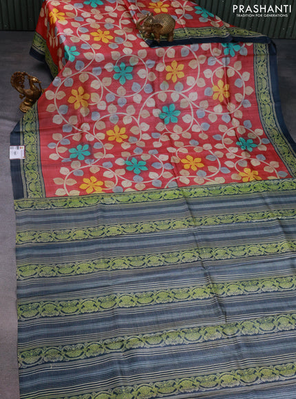 Pure tussar silk saree maroon shade and elephant grey with kalamkari hand painted prints and printed border