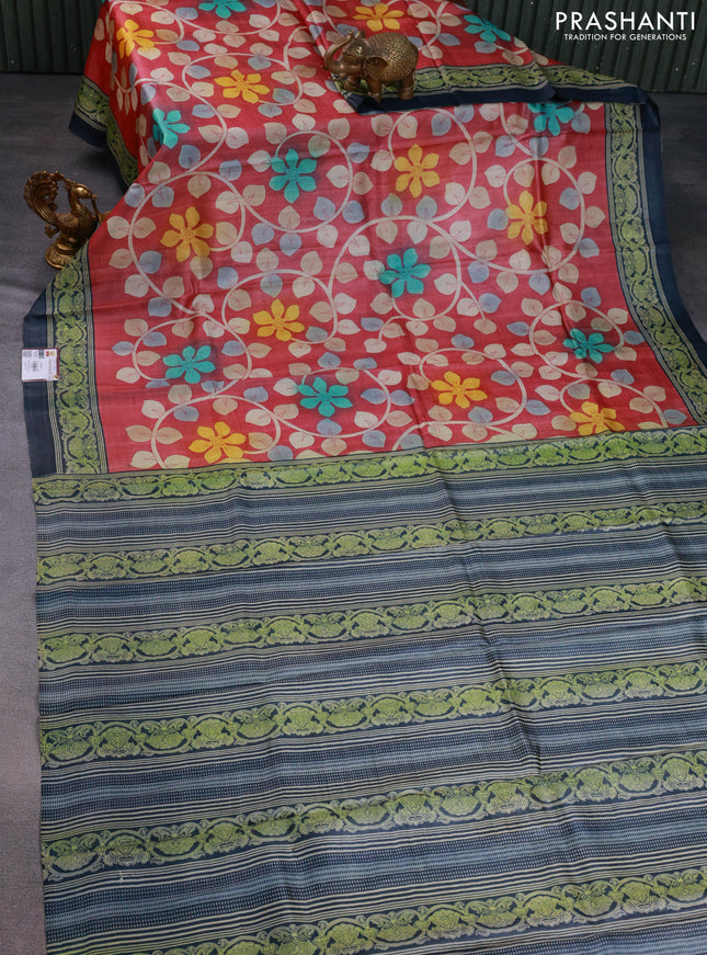 Pure tussar silk saree maroon shade and elephant grey with kalamkari hand painted prints and printed border