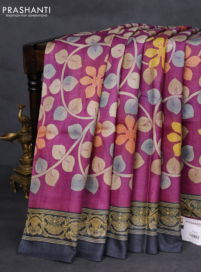 Pure tussar silk saree purple and elephant grey with kalamkari hand painted prints and printed border