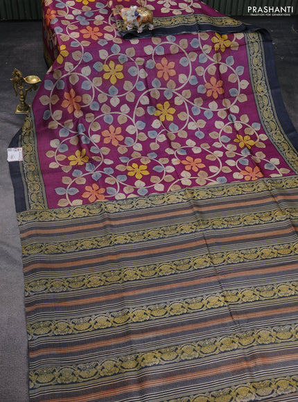 Pure tussar silk saree purple and elephant grey with kalamkari hand painted prints and printed border