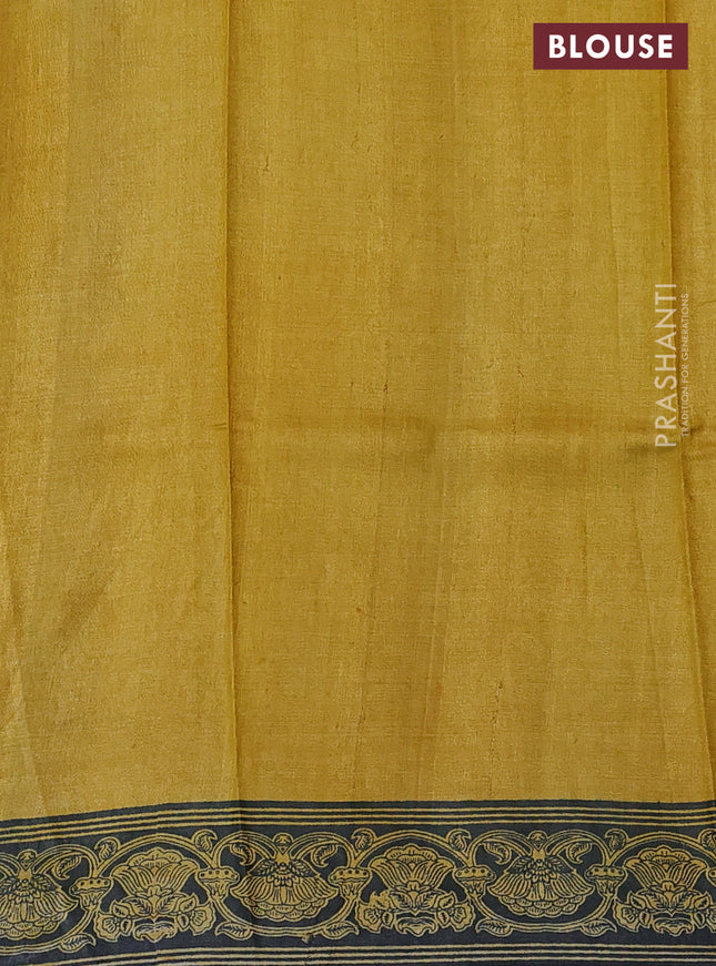 Pure tussar silk saree purple and elephant grey with kalamkari hand painted prints and printed border