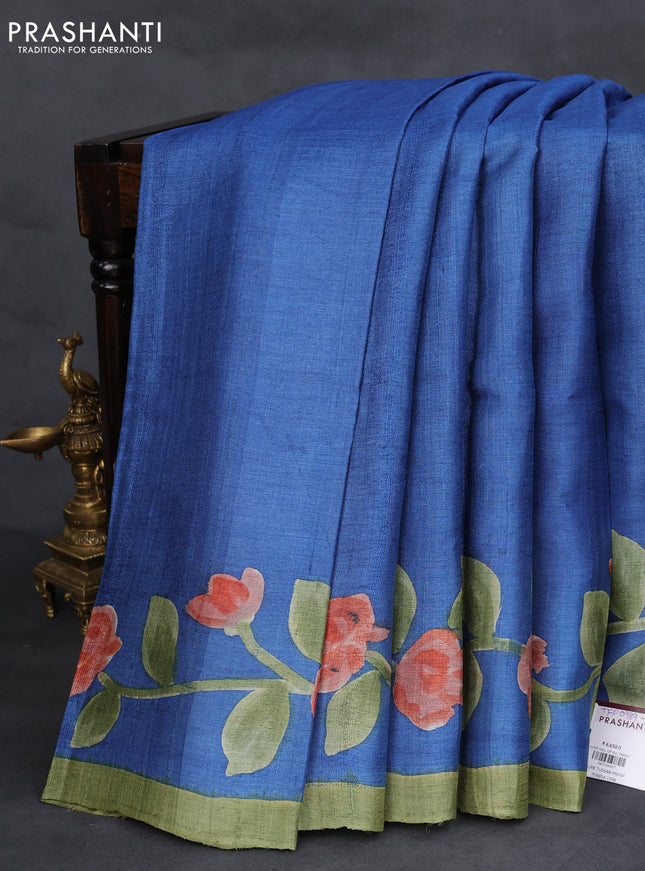 Pure tussar silk saree cs blue and pastel green with hand painted prints and simple border