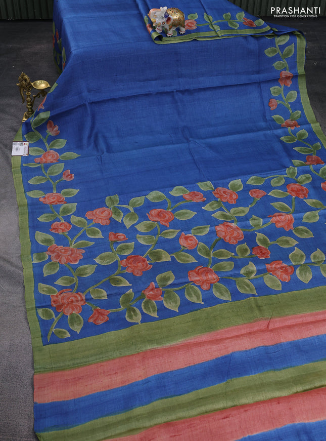Pure tussar silk saree cs blue and pastel green with hand painted prints and simple border