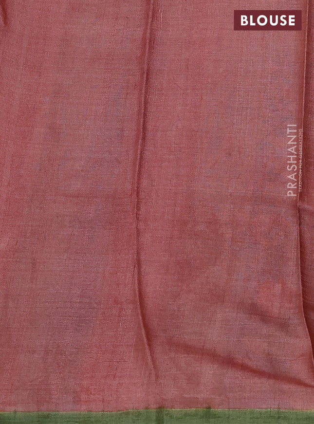 Pure tussar silk saree cs blue and pastel green with hand painted prints and simple border