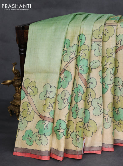 Pure tussar silk saree pastel green and cream with hand painted prints and simple border