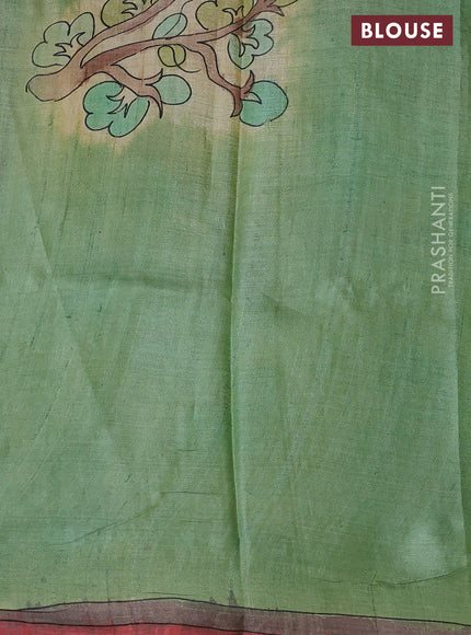 Pure tussar silk saree pastel green and cream with hand painted prints and simple border
