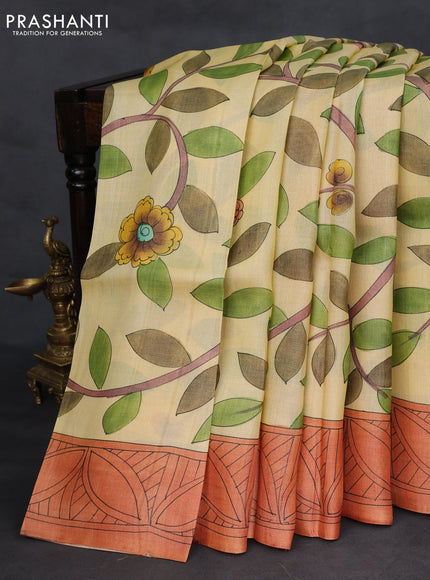 Pure tussar silk saree pale yellow and rustic orange with kalamkari hand painted prints and printed border
