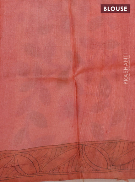 Pure tussar silk saree pale yellow and rustic orange with kalamkari hand painted prints and printed border