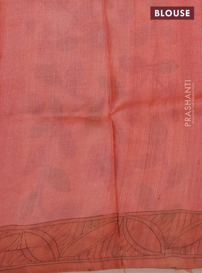 Pure tussar silk saree pale yellow and rustic orange with kalamkari hand painted prints and printed border