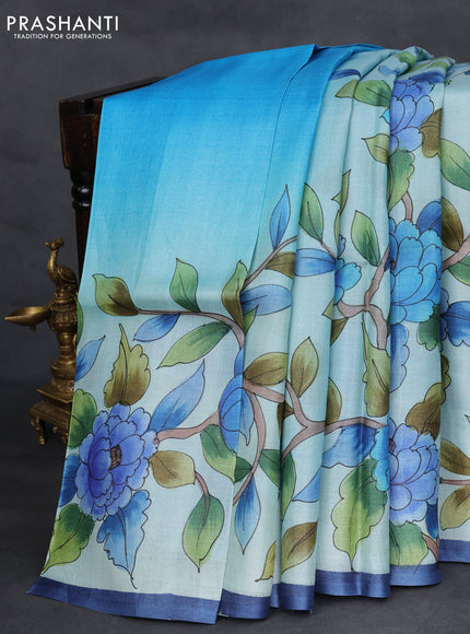 Pure tussar silk saree teal blue shade with allover floral hand painted prints and piping border