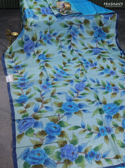 Pure tussar silk saree teal blue shade with allover floral hand painted prints and piping border